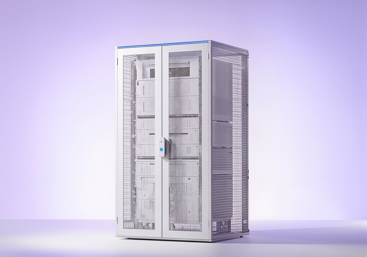 A white colocation cage with a locked mesh door