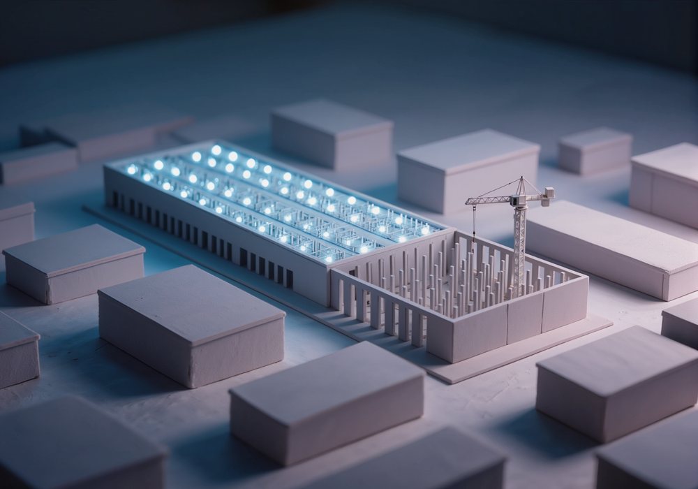 A white scale model of a data hall under construction with a crane