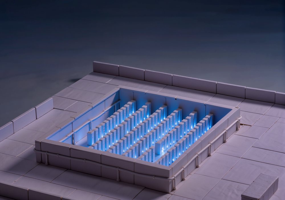 A white model data hall with rows of glowing racks