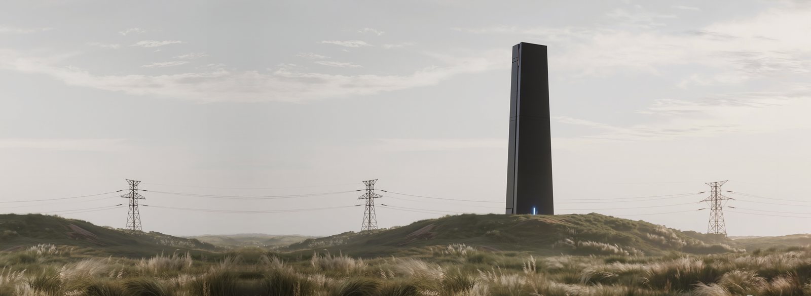 A black monolith data centre standing on a grassy hill between two transmission towers